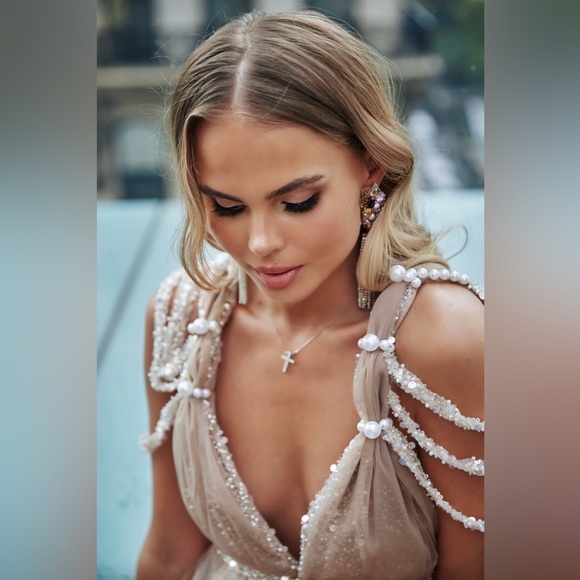 Beige cocktail dress, Beaded evening Midi dress, Airy Party dress,Wedding beige - Picture 7 of 14